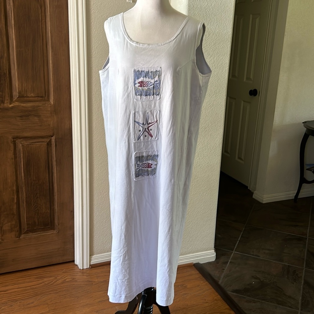Viva City Vintage Midi Dress Cotton Beachy Coastal Grandma Modest Blue USA Large